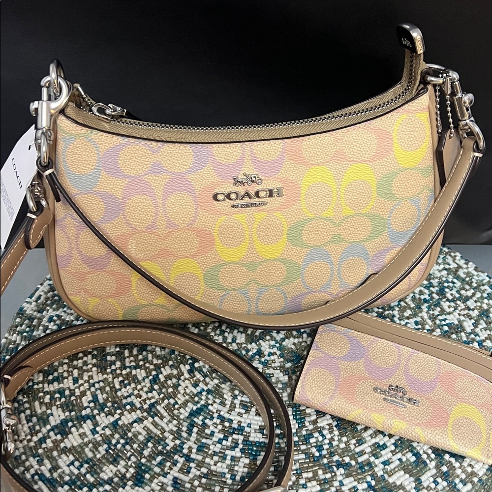 Coach Pastel Rainbow Signature Canvas Teri Shoulder Bag And Matching Card Case - Picture 2 of 5